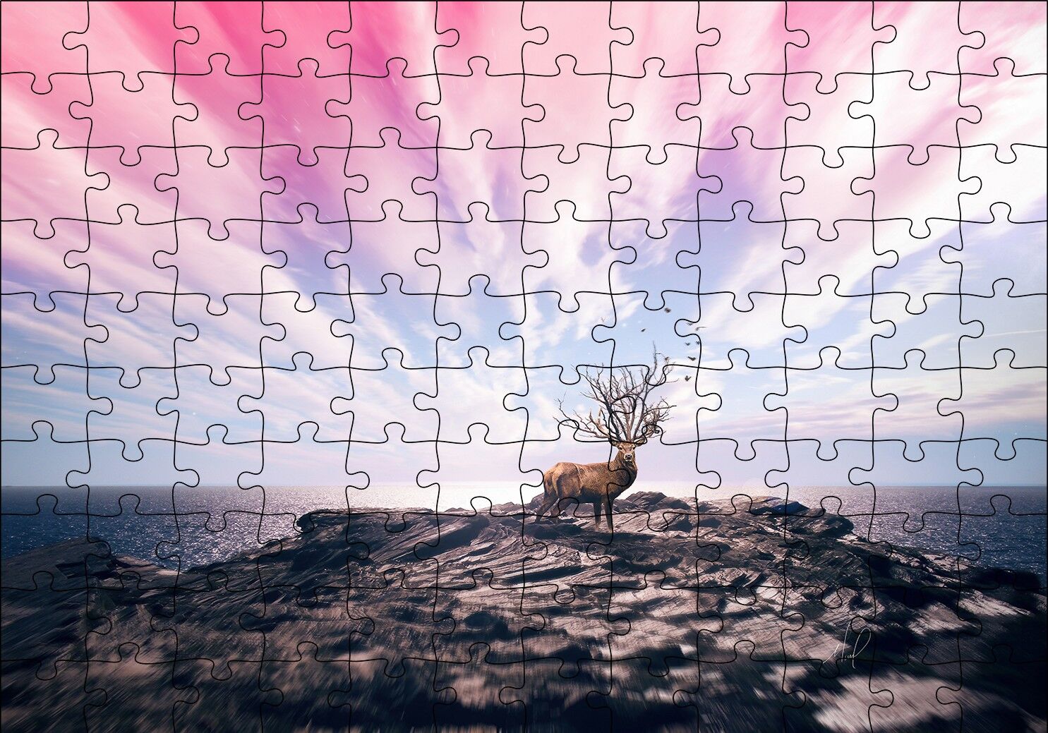 Geyik Kayalık Deniz Bulutlu Gökler Kompozisyon Puzzle Yapboz MDF Ahşap