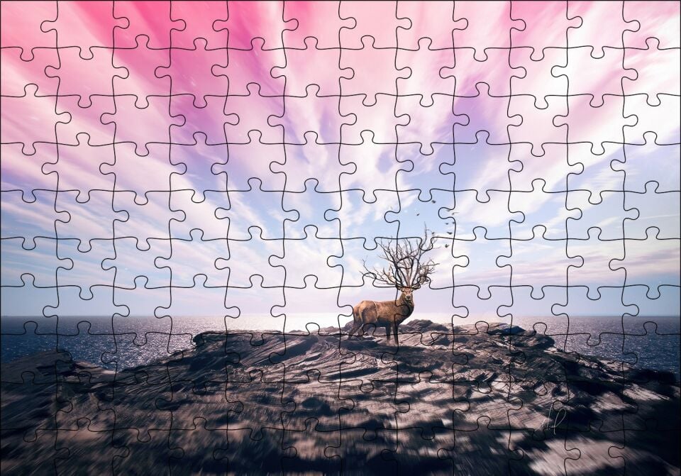 Geyik Kayalık Deniz Bulutlu Gökler Kompozisyon Puzzle Yapboz MDF Ahşap
