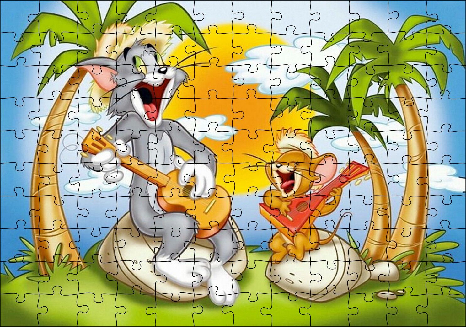 Tom ve Jerry Şarkı Söyleyen Ada Palmiye Ağaçları Puzzle Yapboz MDF Ahşap