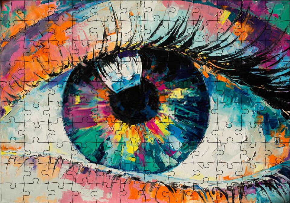 Modern Sanat Renli Boyama Kadın Gözü Puzzle Yapboz MDF Ahşap 120 Parça 24 cm X 34 cm