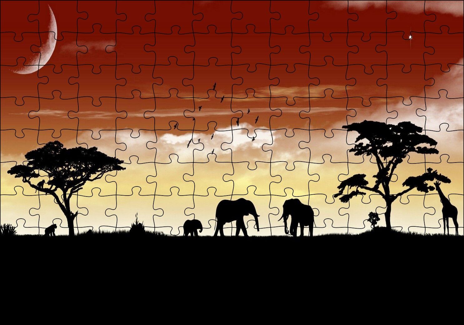 Afrika Yaban Hayatı Silüet Kompozisyon Puzzle Yapboz MDF Ahşap 120 Parça 24 cm X 34 cm