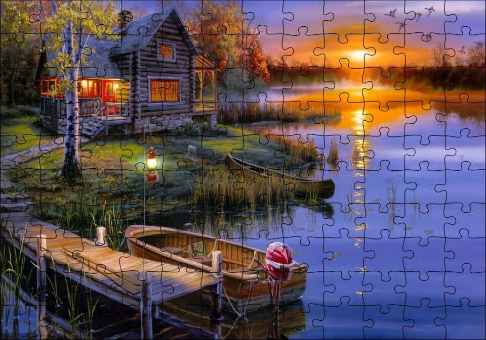 Günbatımında Göl Ağaç Ev ve Kayıklar Puzzle Yapboz MDF Ahşap