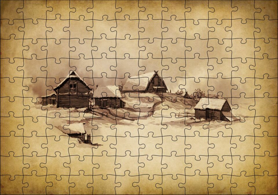 Sarı Zeminde Ahşap Çiftlik Evleri Çizim Görseli Puzzle Yapboz MDF Ahşap 120 Parça 24 cm X 34 cm