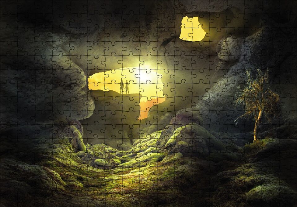 Mağara Işık İnsan Figürü Puzzle Yapboz MDF Ahşap 255 Parça 34 cm X 49 cm