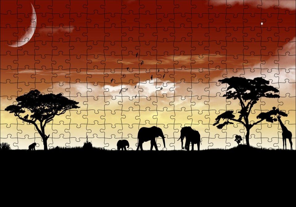 Afrika Yaban Hayatı Silüet Kompozisyon Puzzle Yapboz MDF Ahşap 255 Parça 34 cm X 49 cm