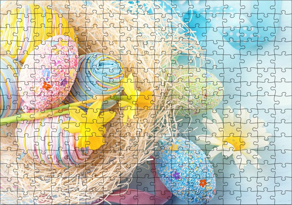 Rengarenk Boyalı Süslü Sürpriz Yumurtalar Puzzle Yapboz MDF Ahşap 255 Parça 34 cm X 49 cm