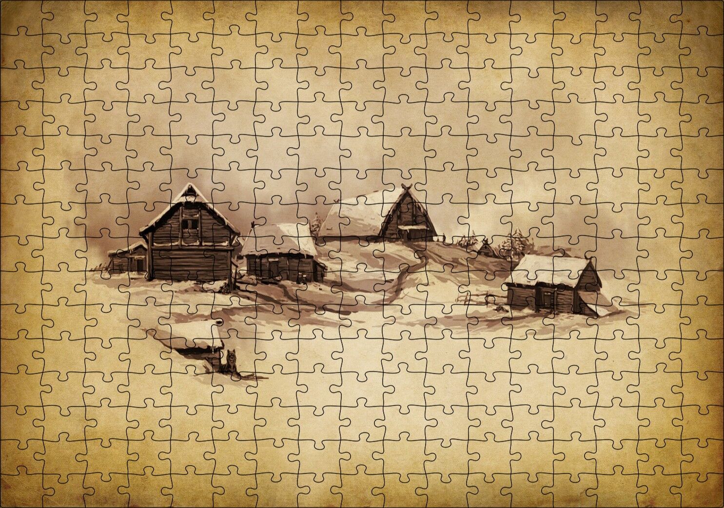 Sarı Zeminde Ahşap Çiftlik Evleri Çizim Görseli Puzzle Yapboz MDF Ahşap 255 Parça 34 cm X 49 cm
