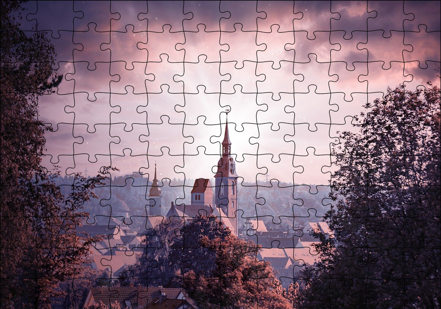 Gökyüzü Güneş Işınları ve Kilise Puzzle Yapboz MDF Ahşap