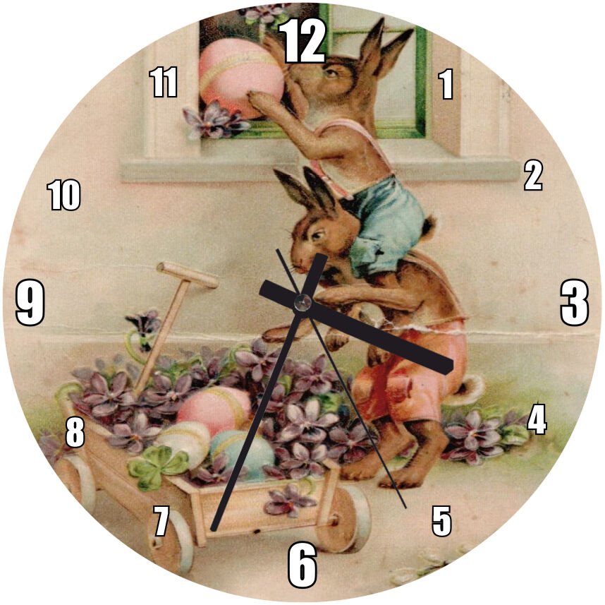 Paskalya Kartı Tavşanlar Çiçekler Görseli Mdf Ahşap Duvar Saati