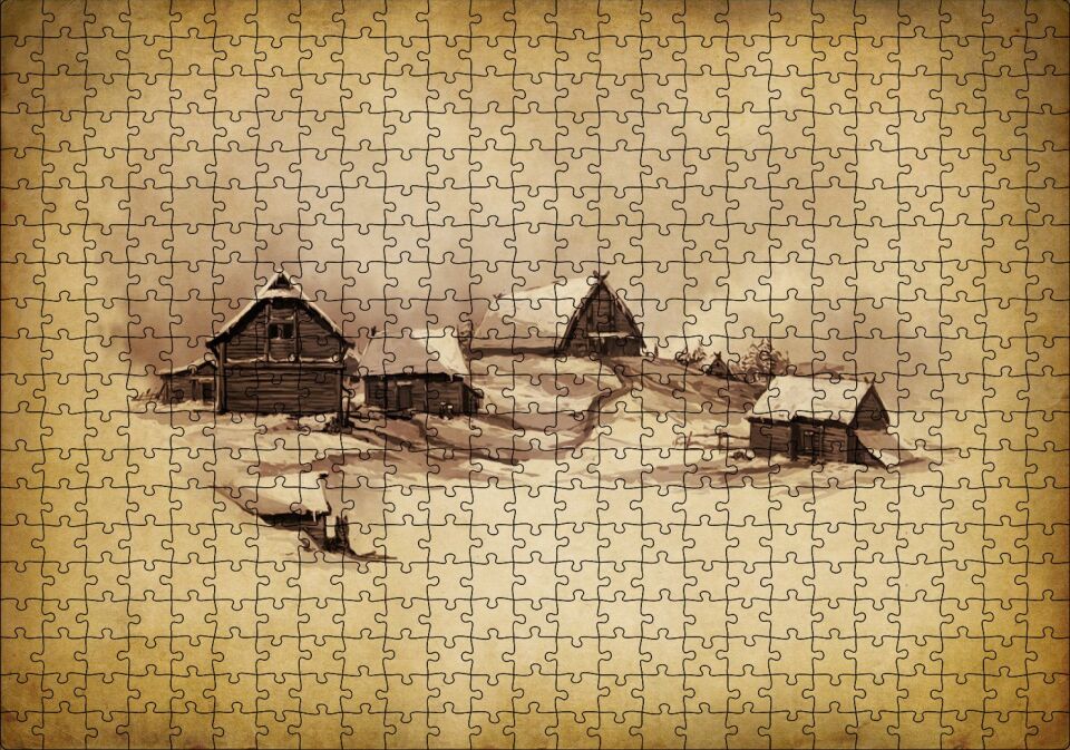 Sarı Zeminde Ahşap Çiftlik Evleri Çizim Görseli Puzzle Yapboz MDF Ahşap 500 Parça 49 cm X 68 cm