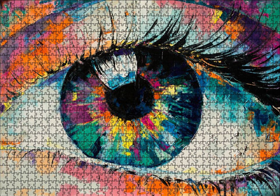 Modern Sanat Renli Boyama Kadın Gözü Puzzle Yapboz MDF Ahşap 1000 Parça 49 cm X 68 cm