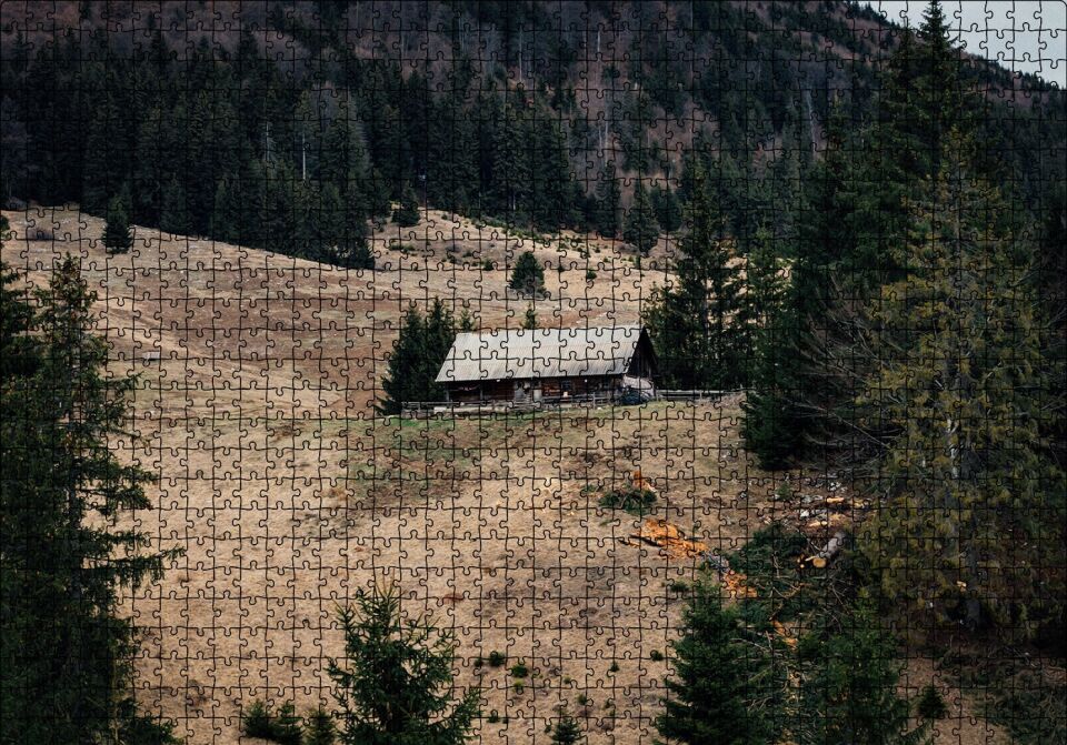 Ormanlar Arasındaki Yalnız Kulübe Puzzle Yapboz MDF Ahşap 1000 Parça 49 cm X 68 cm