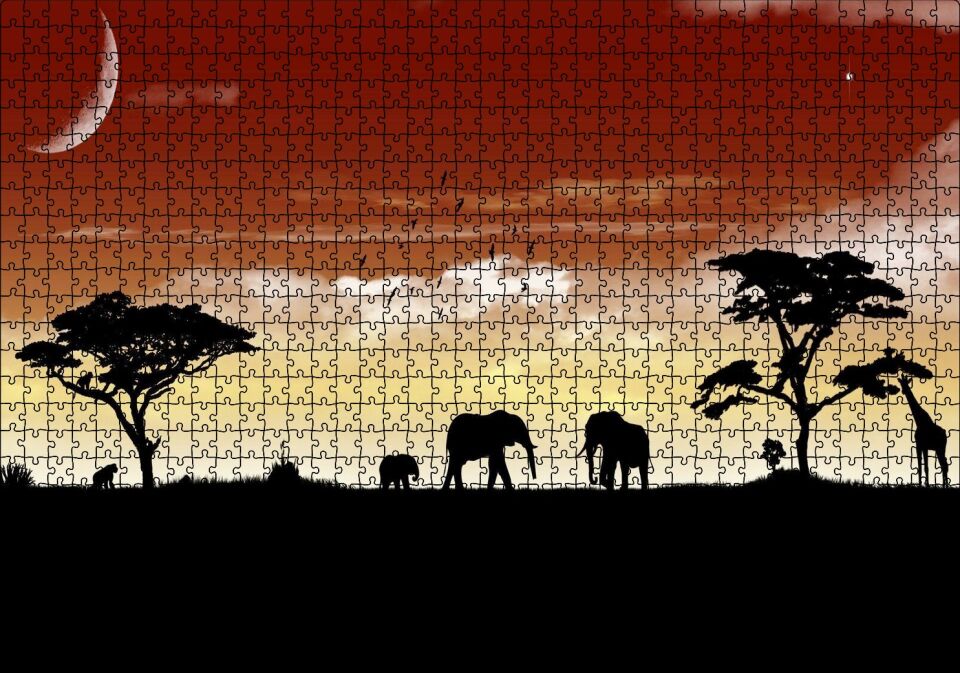 Afrika Yaban Hayatı Silüet Kompozisyon Puzzle Yapboz MDF Ahşap 1000 Parça 49 cm X 68 cm