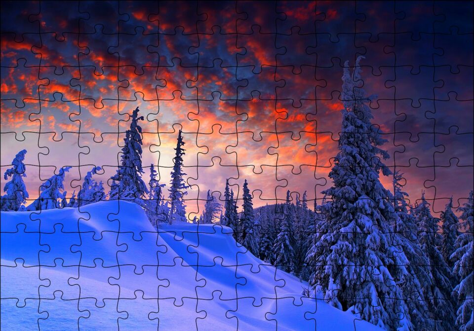 Karla Kaplı Tepeler ve Mor Gökler Puzzle Yapboz MDF Ahşap 120 Parça 24 cm X 34 cm