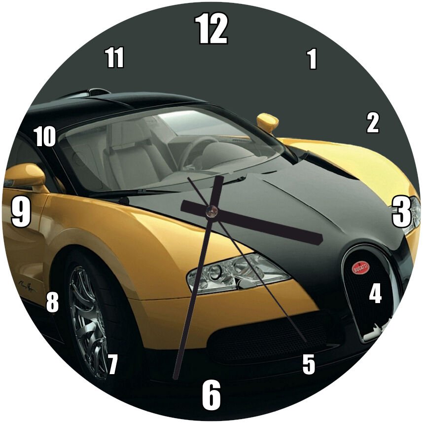 Sarı Siyah Bugatti Veyron Eb 164  Mdf Ahşap Duvar Saati 30 cm Çap