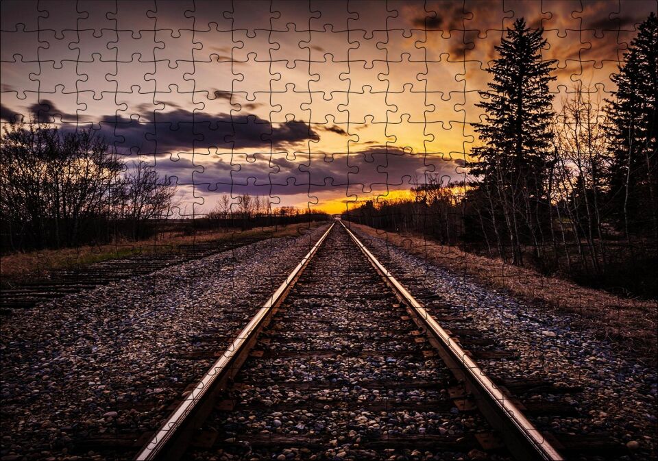 Demir Yolu Gün Batımı Bulut Ağaçlar Puzzle Yapboz MDF Ahşap 255 Parça 34 cm X 49 cm