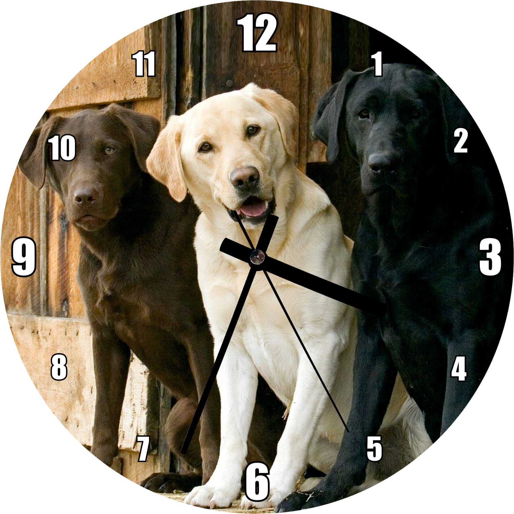 Kahve Krem ve Siyah Labradorlar Mdf Ahşap Duvar Saati 50 cm Çap