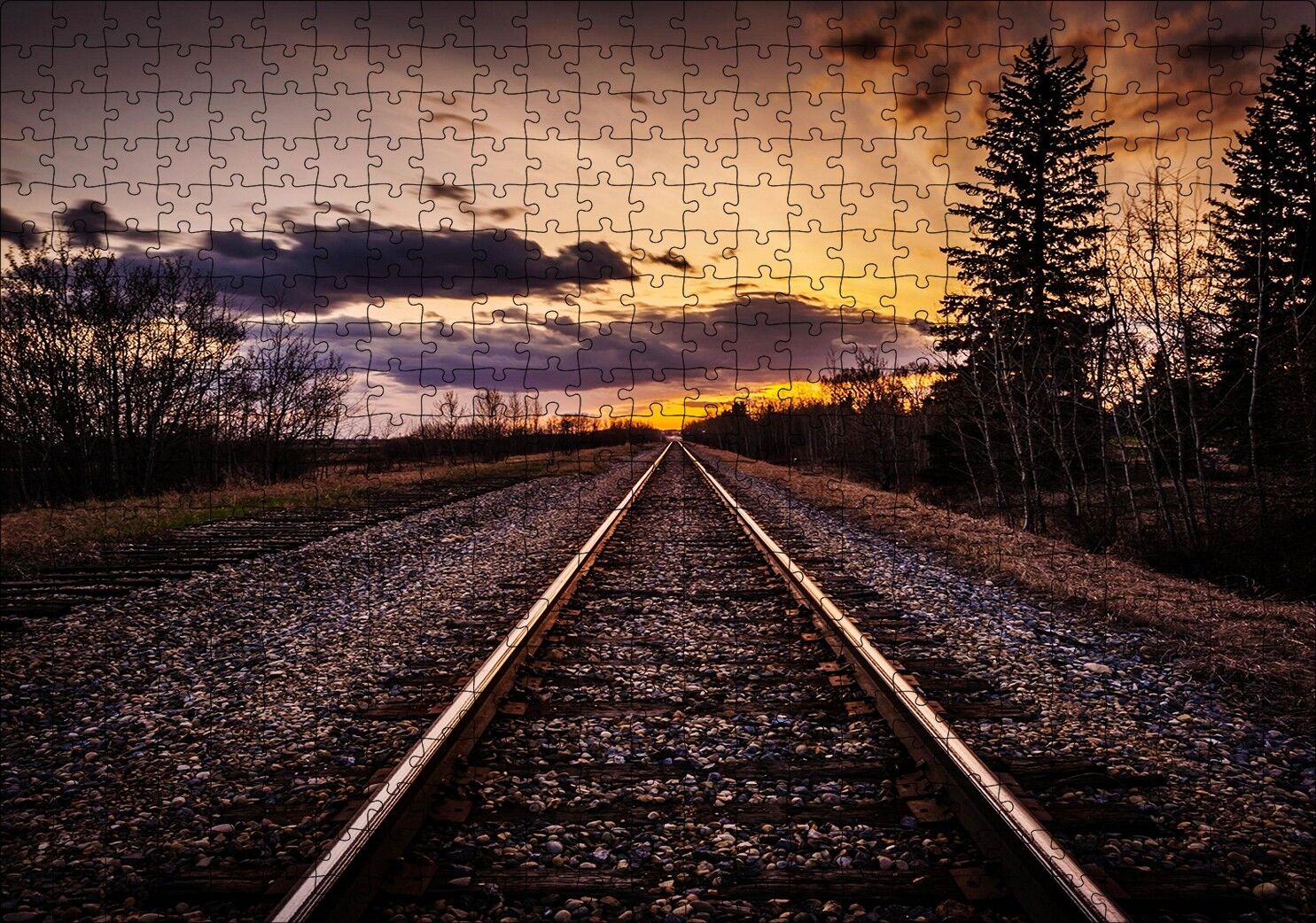 Demir Yolu Gün Batımı Bulut Ağaçlar Puzzle Yapboz MDF Ahşap 500 Parça 49 cm X 68 cm