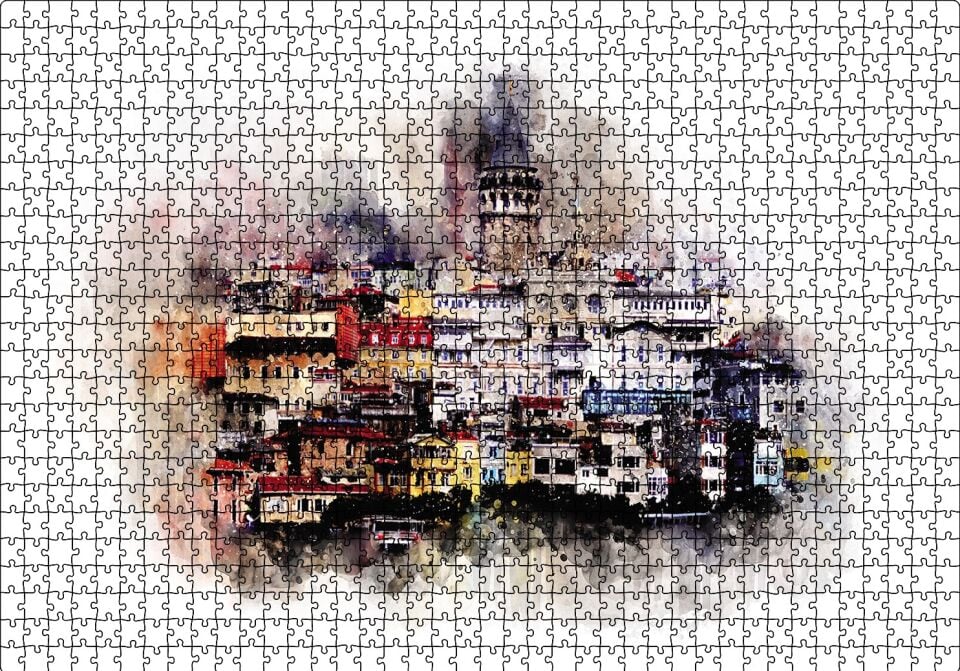 Suluboya Galata Manzarası Puzzle Yapboz MDF Ahşap 1000 Parça 49 cm X 68 cm
