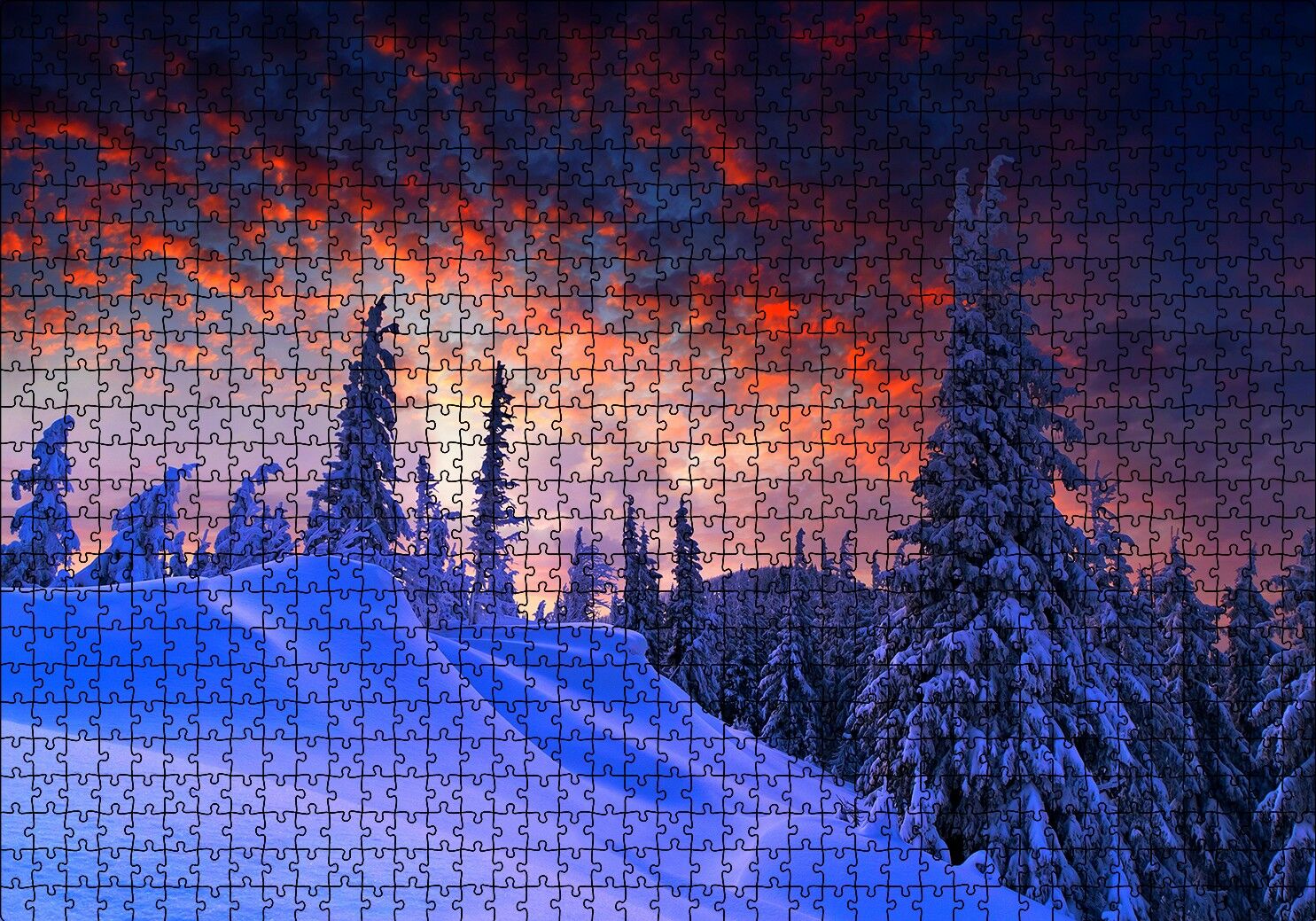 Karla Kaplı Tepeler ve Mor Gökler Puzzle Yapboz MDF Ahşap 1000 Parça 49 cm X 68 cm