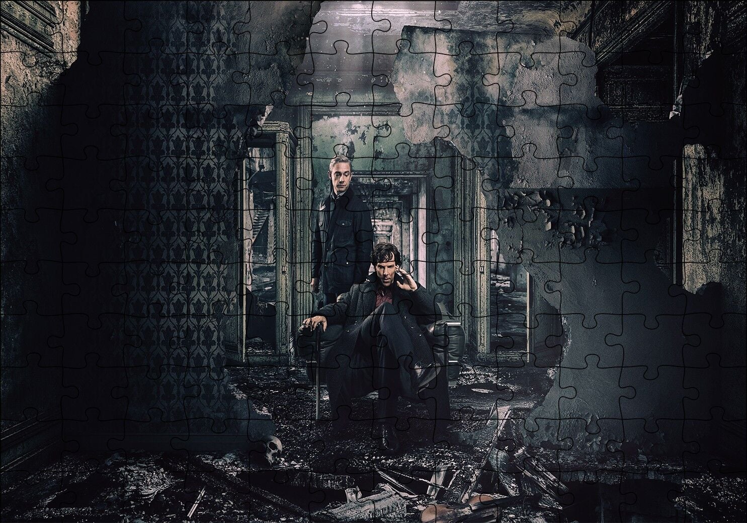 Sherlock ve Watson Yıkıntılar Arasında Puzzle Yapboz MDF Ahşap 120 Parça 24 cm X 34 cm