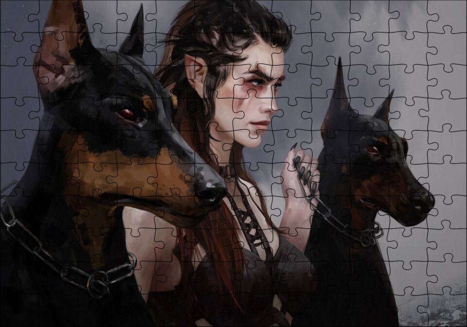 Elf Kızı ve İki Doberman Köpeği Puzzle Yapboz MDF Ahşap 120 Parça 24 cm X 34 cm