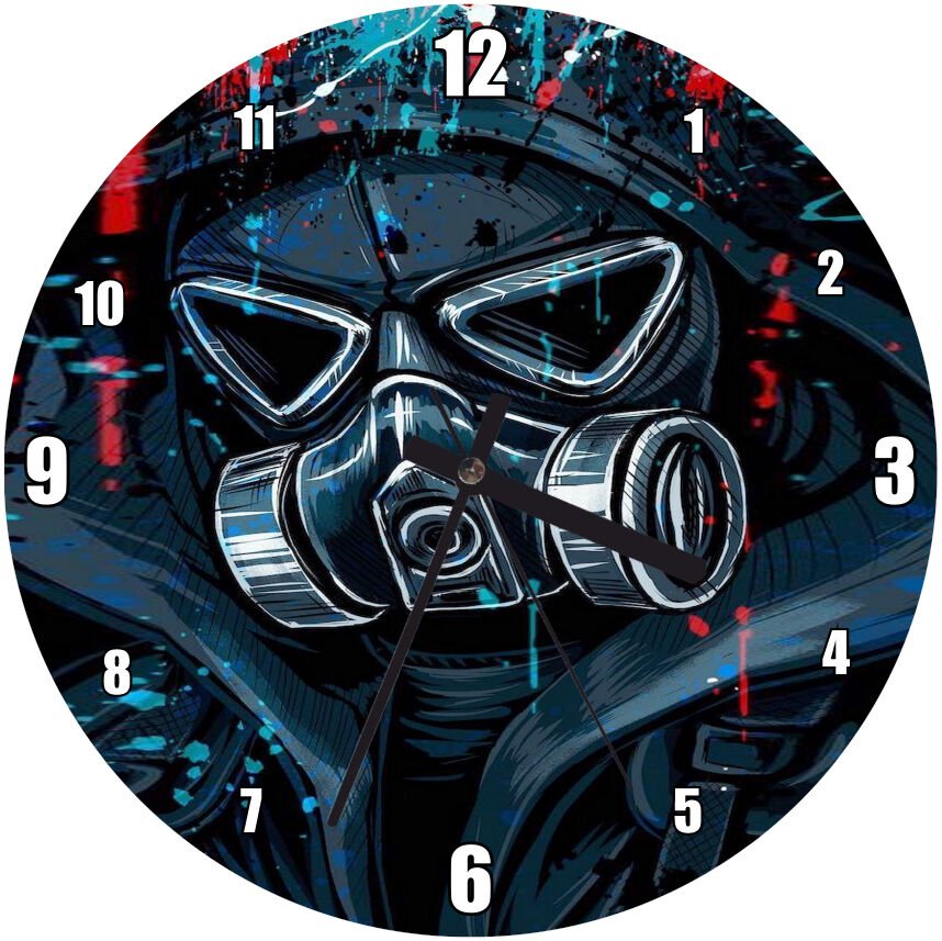 Siyah Kapşonlu Gaz Maskesi Görseli Mdf Ahşap Duvar Saati