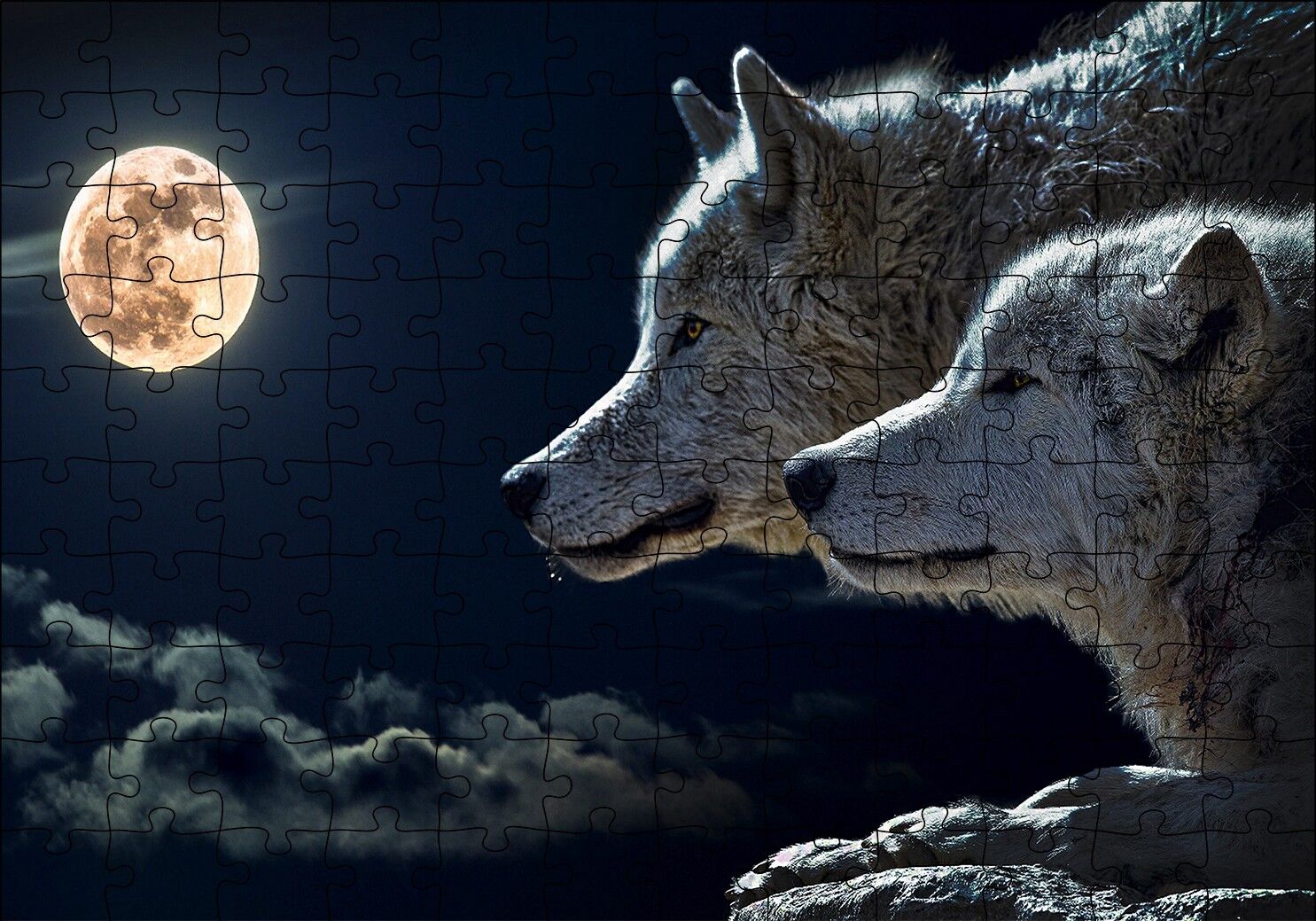 Dolunay Gecede Kurt ve Yavrusu Puzzle Yapboz MDF Ahşap