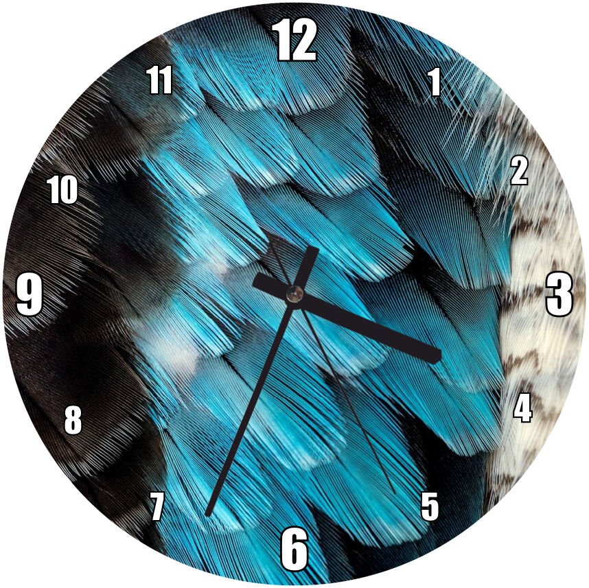 Siyah Mavi Beyaz Neon Tüy Görseli Mdf Ahşap Duvar Saati