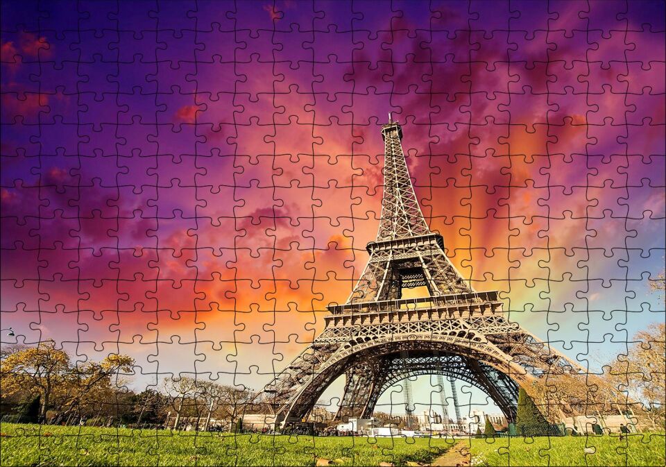 Eyfel Kulesi Gün Batımı Turuncu Kırmızı Puzzle Yapboz MDF Ahşap 255 Parça 34 cm X 49 cm