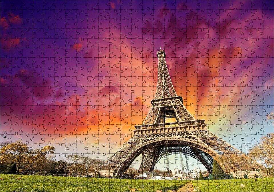 Eyfel Kulesi Gün Batımı Turuncu Kırmızı Puzzle Yapboz MDF Ahşap 500 Parça 49 cm X 68 cm
