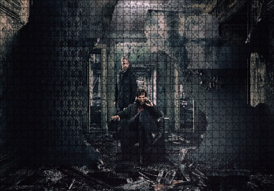 Sherlock ve Watson Yıkıntılar Arasında Puzzle Yapboz MDF Ahşap 1000 Parça 49 cm X 68 cm
