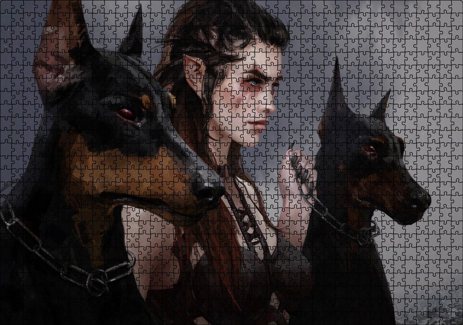 Elf Kızı ve İki Doberman Köpeği Puzzle Yapboz MDF Ahşap 1000 Parça 49 cm X 68 cm