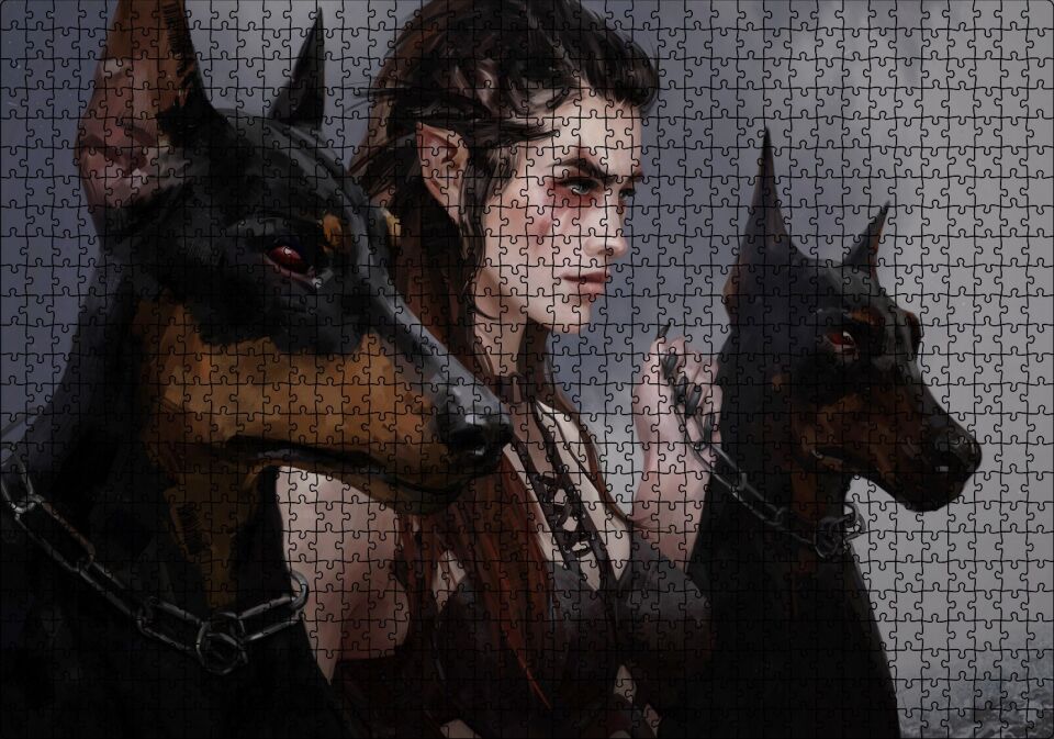 Elf Kızı ve İki Doberman Köpeği Puzzle Yapboz MDF Ahşap 1000 Parça 49 cm X 68 cm