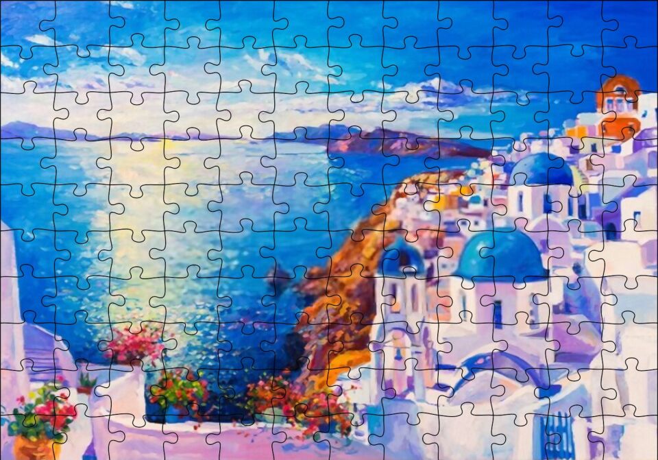 Akdeniz Sahilinde Şehir Görseli Puzzle Yapboz MDF Ahşap 120 Parça 24 cm X 34 cm