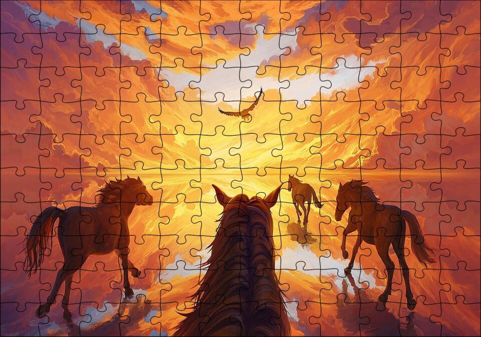 Kızıl Bulutlu Gökler Sudaki Aksi ve Koşan Atlar Puzzle Yapboz MDF Ahşap 120 Parça 24 cm X 34 cm