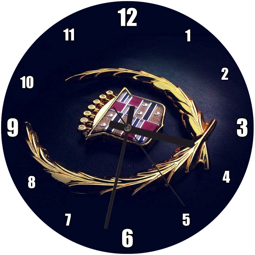 Siyah Zemin Cadillac Logo  Mdf Ahşap Duvar Saati 50 cm Çap