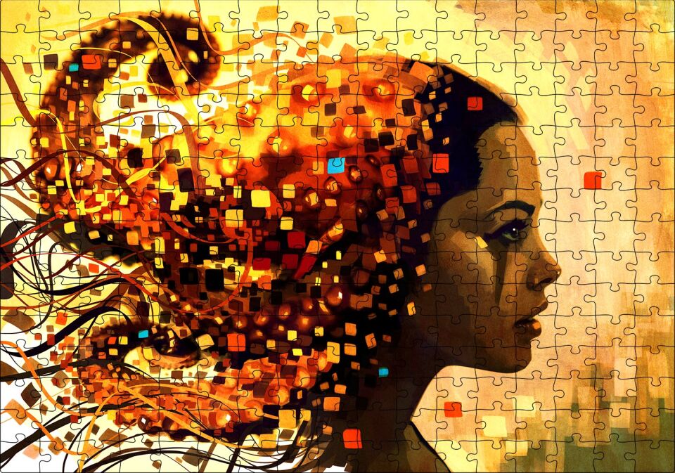 DijitalFigüratif Resim Üzgün Kadın Görseli Puzzle Yapboz MDF Ahşap 255 Parça 34 cm X 49 cm