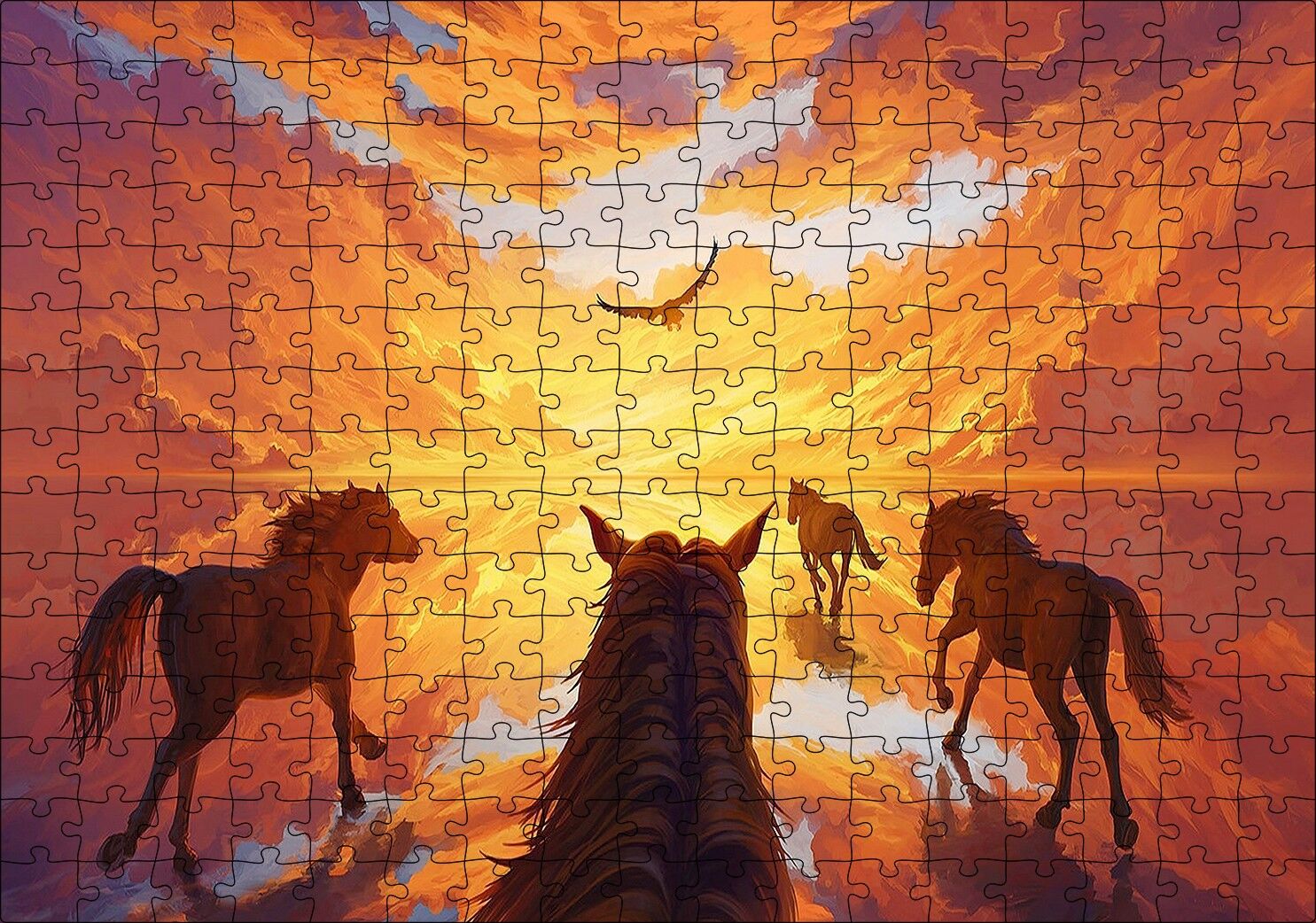 Kızıl Bulutlu Gökler Sudaki Aksi ve Koşan Atlar Puzzle Yapboz MDF Ahşap 255 Parça 34 cm X 49 cm