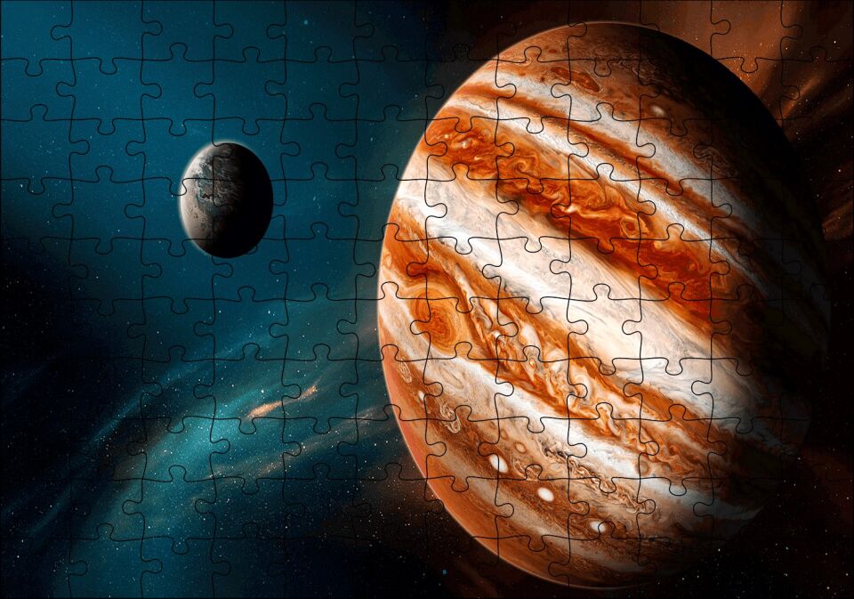 Jüpiter ve Arkada Gezegen ve Yıldızlar Puzzle Yapboz MDF Ahşap