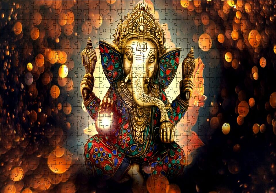 Lord Ganesha ve Işıklar Puzzle Yapboz MDF Ahşap 500 Parça 49 cm X 68 cm