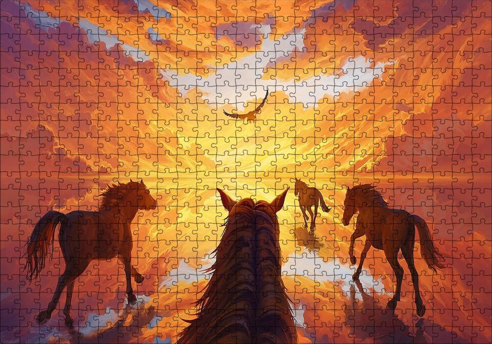 Kızıl Bulutlu Gökler Sudaki Aksi ve Koşan Atlar Puzzle Yapboz MDF Ahşap 500 Parça 49 cm X 68 cm