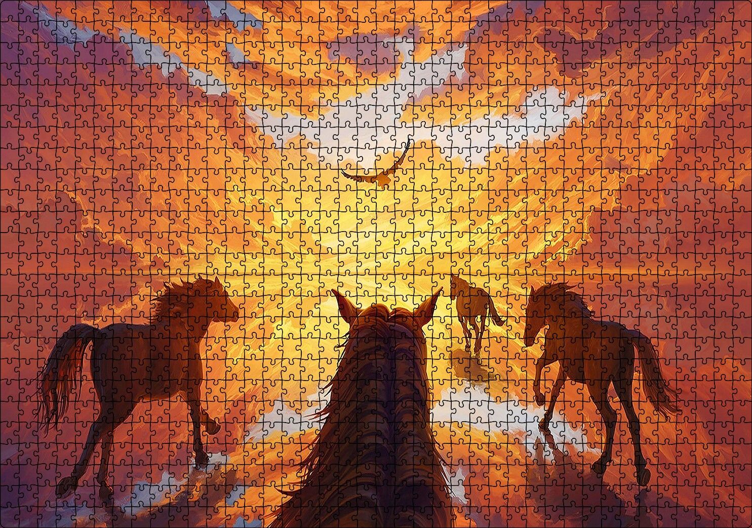 Kızıl Bulutlu Gökler Sudaki Aksi ve Koşan Atlar Puzzle Yapboz MDF Ahşap 1000 Parça 49 cm X 68 cm