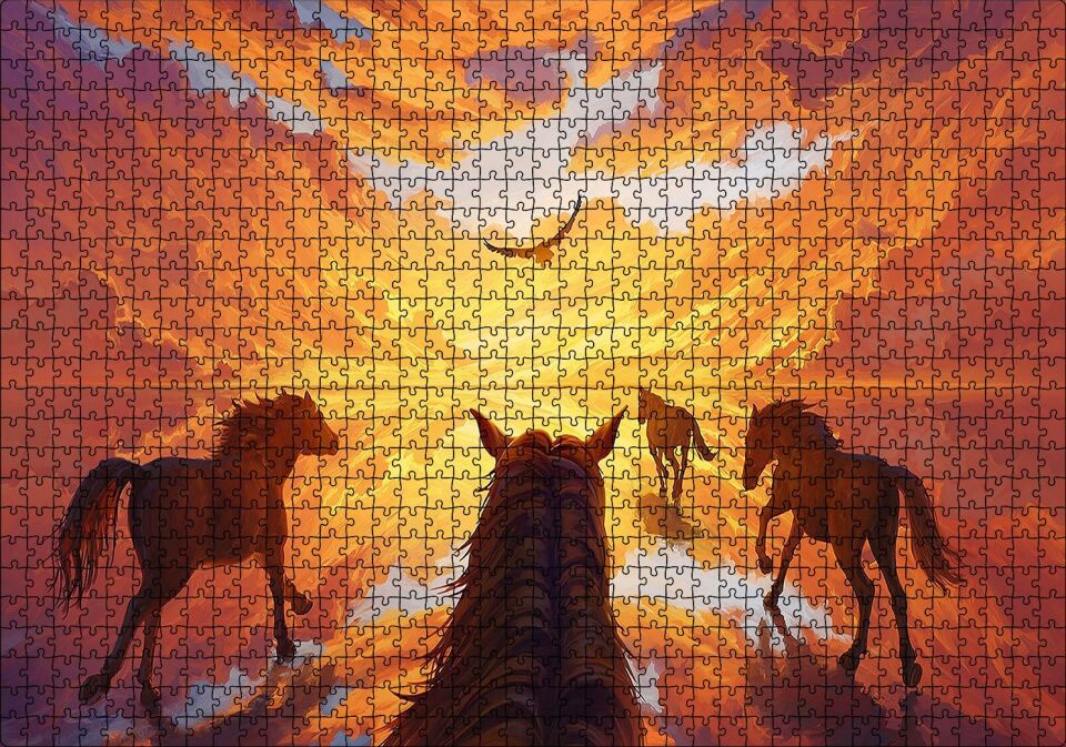 Kızıl Bulutlu Gökler Sudaki Aksi ve Koşan Atlar Puzzle Yapboz MDF Ahşap 1000 Parça 49 cm X 68 cm
