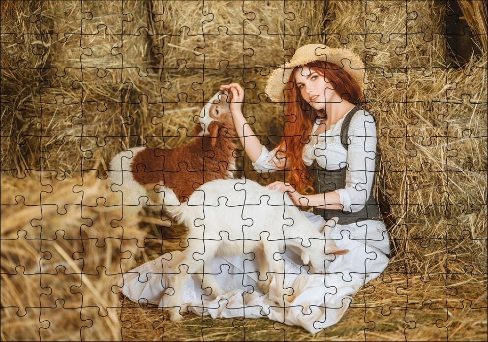 Samanlıktaki Genç Kız Oğlaklar Görseli Puzzle Yapboz MDF Ahşap 120 Parça 24 cm X 34 cm