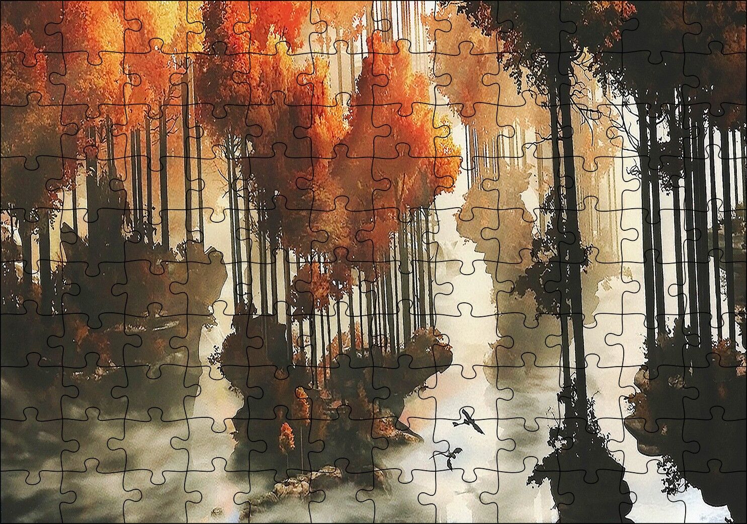 Yağlı Boya Ağaçlar Sonbahar Turuncu Görseli Puzzle Yapboz MDF Ahşap