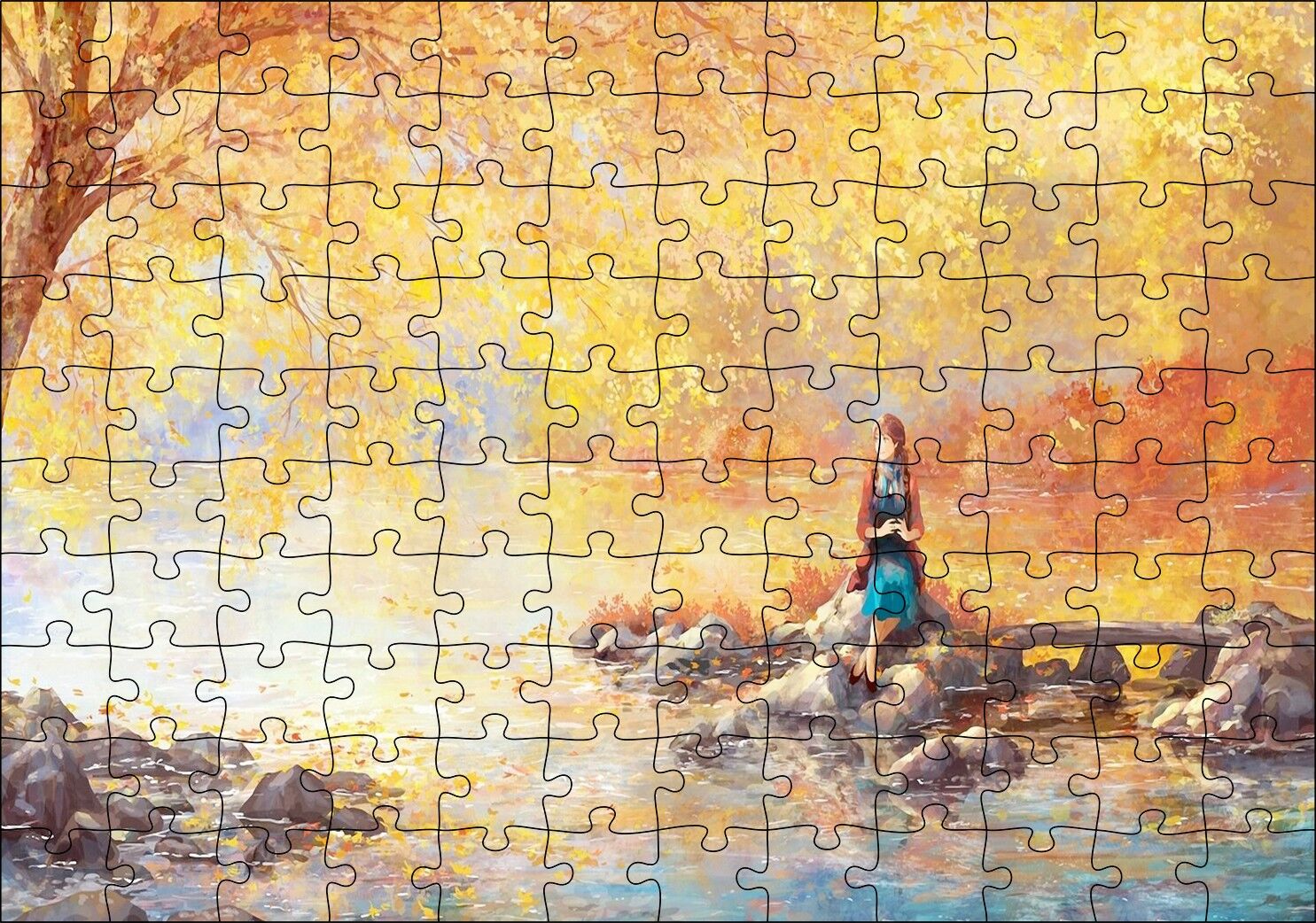 Yağlı Boya Sonbaharda Gölde Bekleyen Kız Görseli Puzzle Yapboz MDF Ahşap