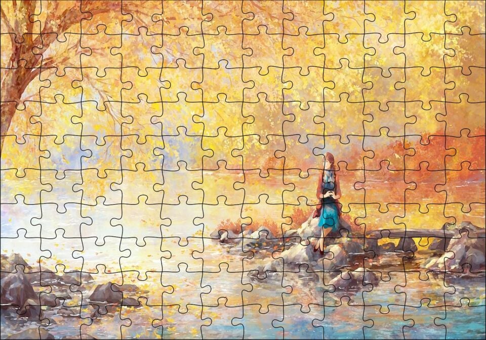 Yağlı Boya Sonbaharda Gölde Bekleyen Kız Görseli Puzzle Yapboz MDF Ahşap
