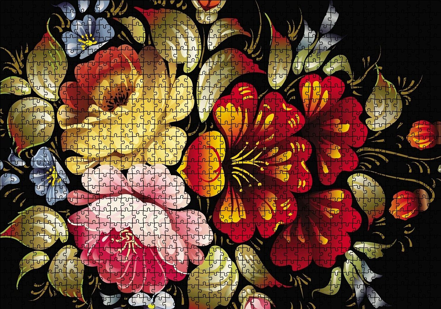 Siyah Zeminde Dijital Çizim Renkli Çiçekler Puzzle Yapboz MDF Ahşap 1000 Parça 49 cm X 68 cm