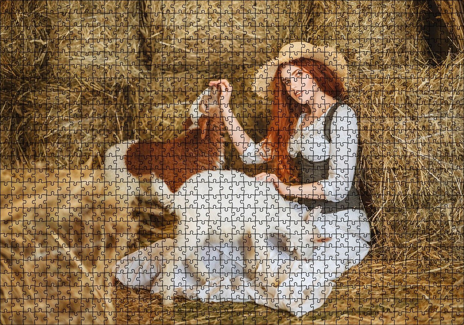 Samanlıktaki Genç Kız Oğlaklar Görseli Puzzle Yapboz MDF Ahşap 1000 Parça 49 cm X 68 cm